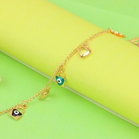 "Rose Gold Evil Eye & Heart Charm Anklet in Gold Plated Brass, XPAL1193 - Picture 9 of 12